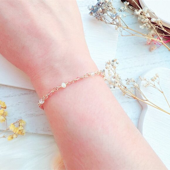 Tiny Ethiopian Opal and Strawberry Quartz Bracelet | Handmade in BC - Picture 3 of 6